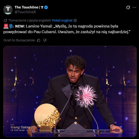 ZASKAKUJĄCE SŁOWA Yamala po odebraniu nagrody! Uważa, że nagrodę powinien dostać...