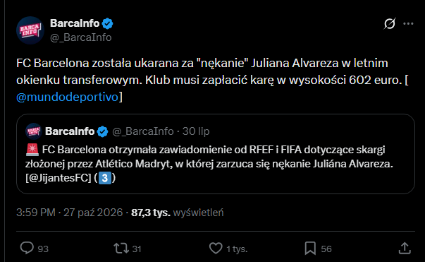 TAKĄ KARĘ dostała Barcelona za ''nękanie'' Juliana Alvareza XD