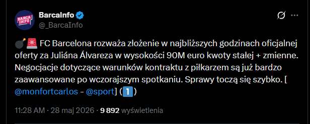 TAKĄ OFERTĘ złoży Barcelona za Juliana Alvareza!