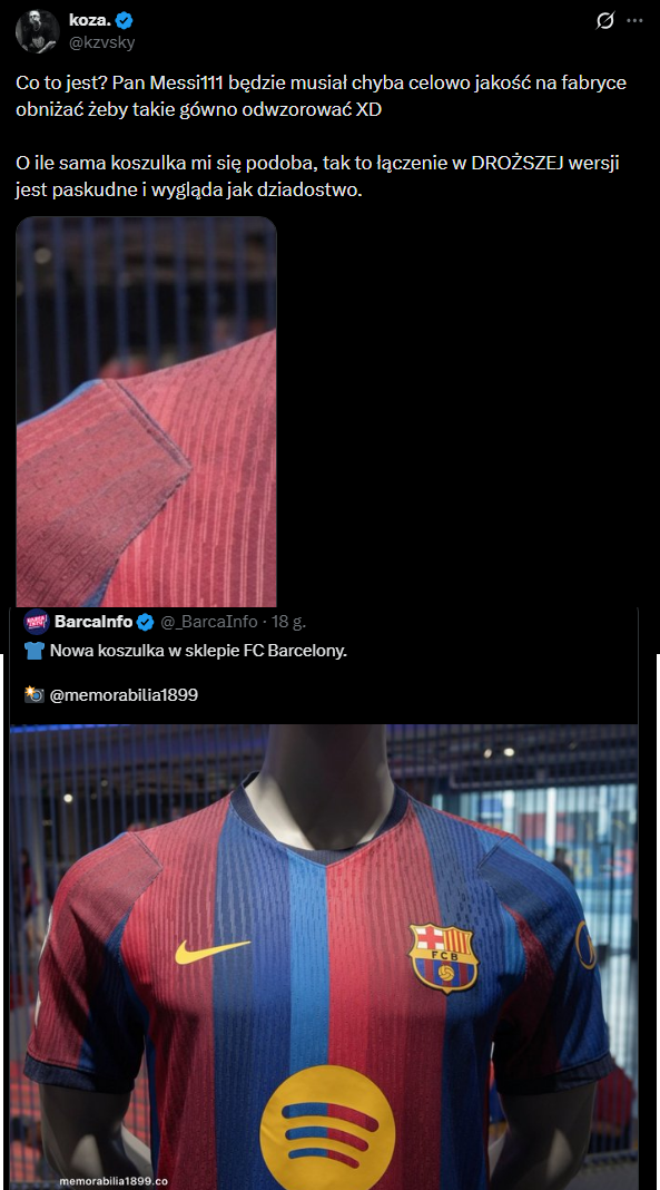 Fatalna jakość wykończenia nowej koszulki Barcelony...