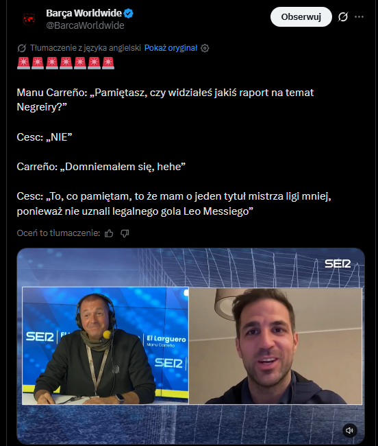 Cesc Fàbregas nt. afery z Negreirą za jego czasów w Barcelonie... xD