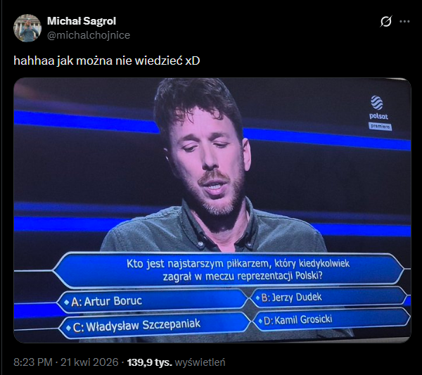 TAKIE piłkarskie pytanie padło w ''Milionerach''