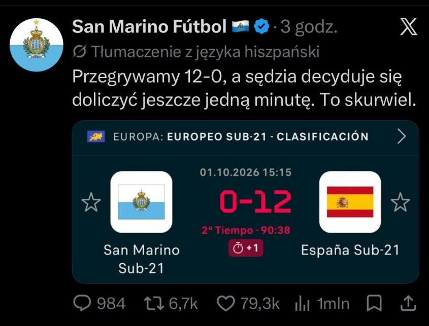 WPIS fanowskiego profilu San Marino pod koniec meczu z Hiszpanią... XD