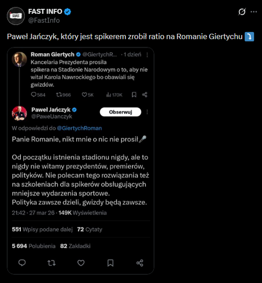 Spiker na PGE Narodowym WYJAŚNIA Romana Giertycha