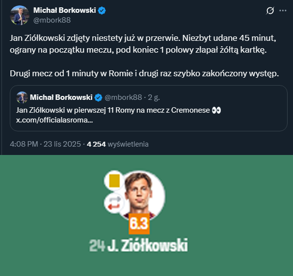 OCENA Jana Ziółkowskiego za debiut w wyjściowym składzie Romy w Serie A!