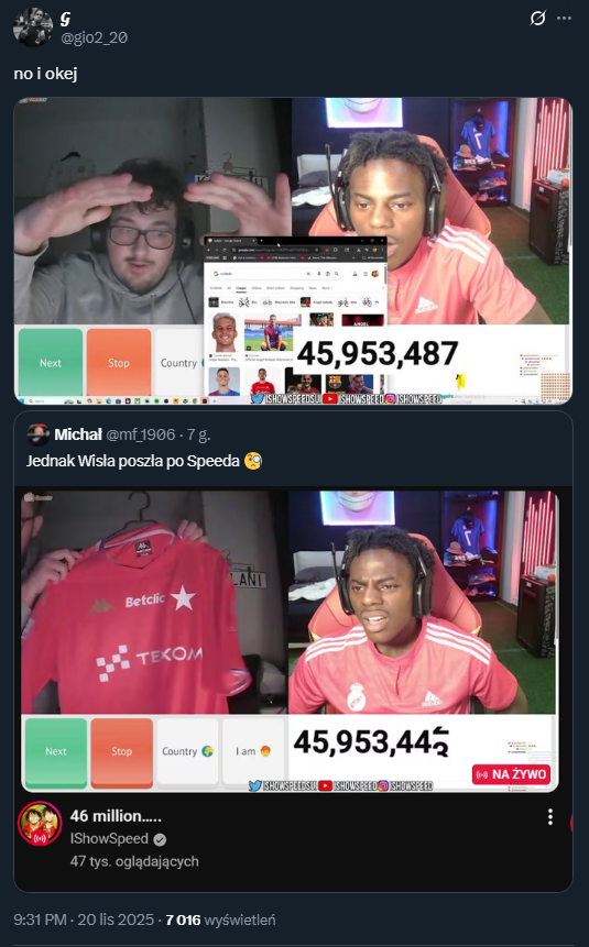 IShowSpeed przeglądający piłkarza Wisły Kraków na streamie... xD