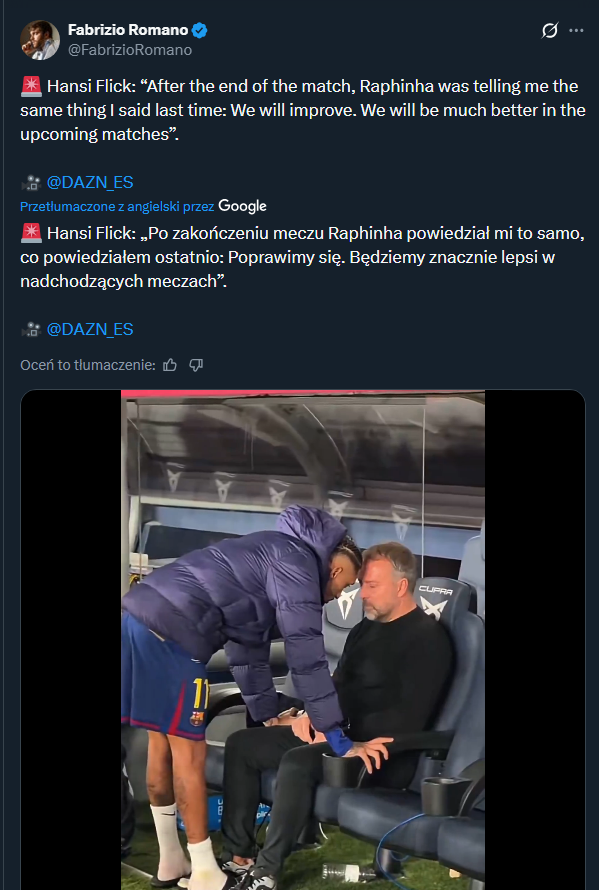 SŁOWA Raphinhi do Hansiego Flicka po meczu