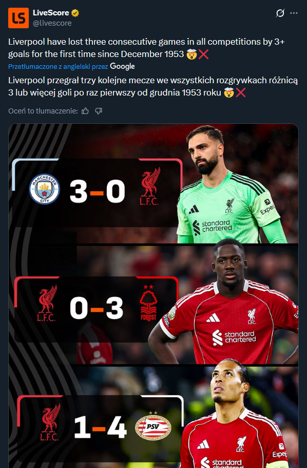 DRAMAT Liverpoolu! Zdarzyło im się to po raz pierwszy od 72 lat...