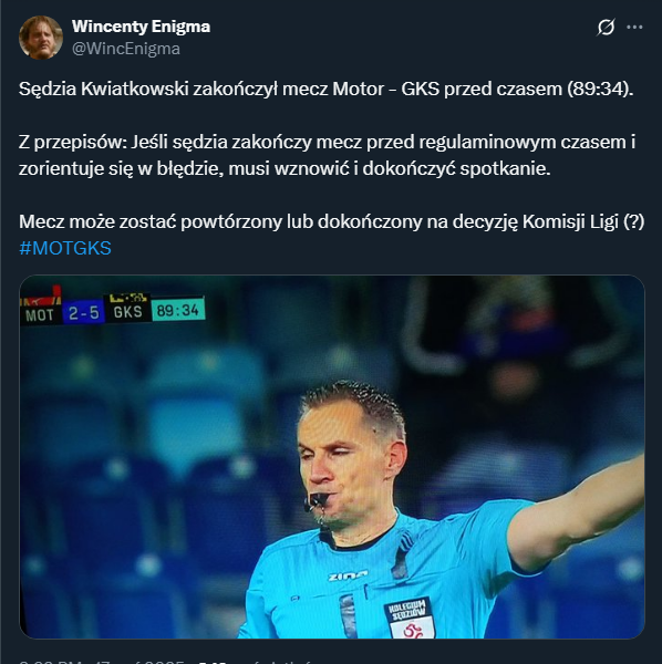 HlT! Sędzia skończył mecz Motor - GKS przed... 90 minutą! XD