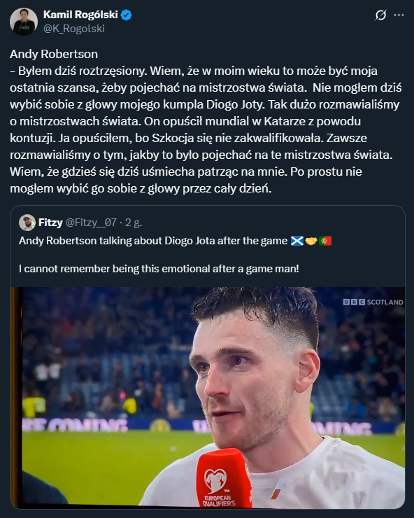 WZRUSZONY Andy Robertson wspomina Diogo Jotę po awansie na Mundial