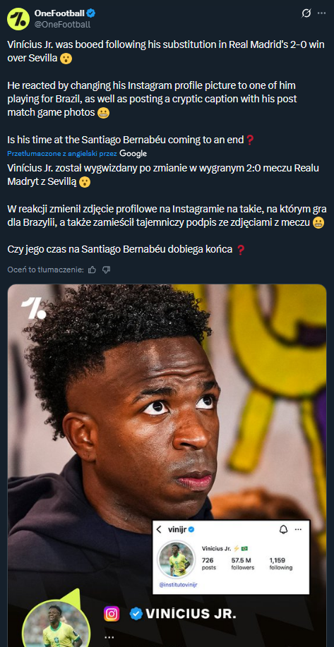 Vinicius zmienił zdjęcie profilowe, po tym jak kibice wygwizdali go na Bernabeu...