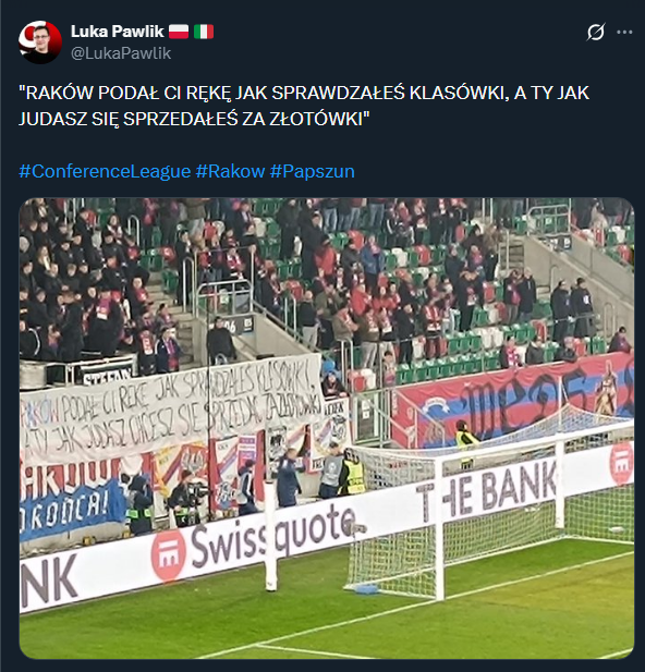 MOCNY transparent kibiców Rakowa w stronę Marka Papszuna!