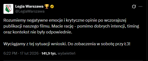 WPIS Legii Warszawa nt. wczorajszego filmiku promującego mecz z Wisłą Płock XD