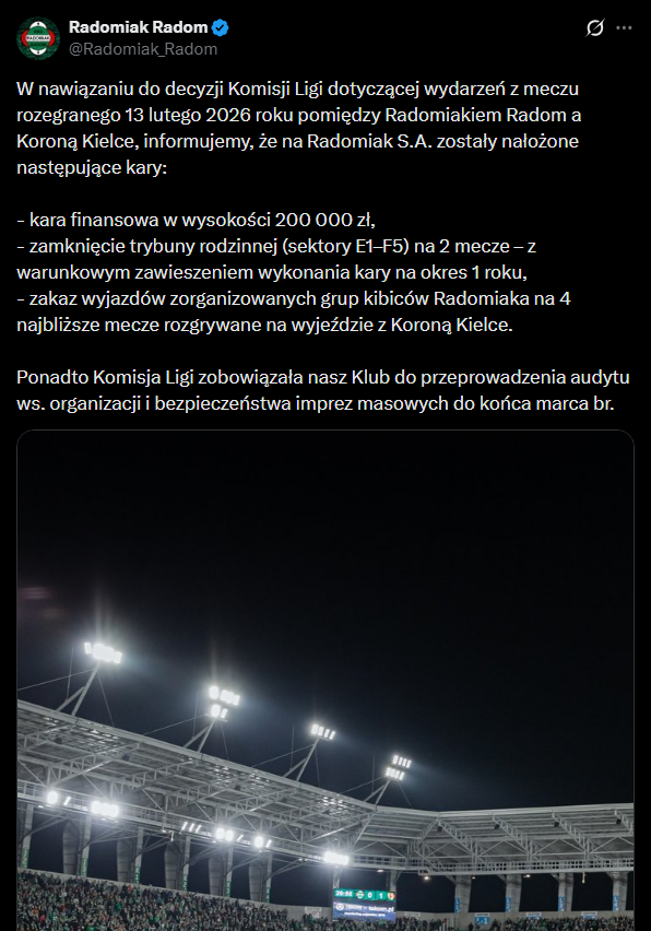 TAKĄ KARĘ dostał Radomiak za mecz z Koroną