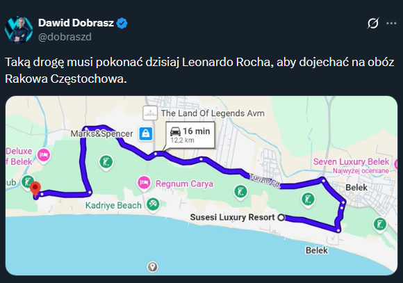 Taką drogę musi pokonać Rocha, żeby dotrzeć na obóz Rakowa Częstochowa... :D