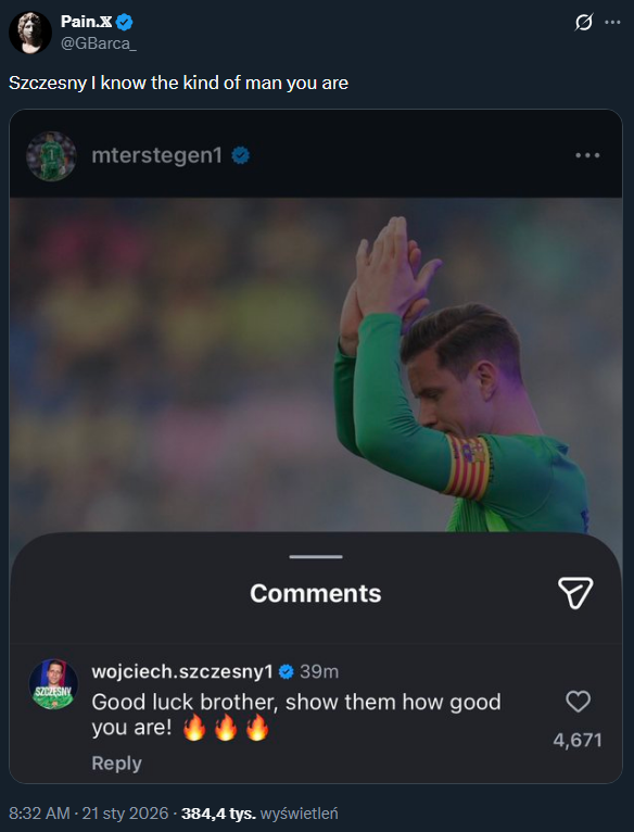 KOMENTARZ Wojtka Szczęsnego pod postem Ter Stegena! <3