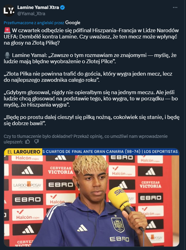 Yamal o rywalizacji z Dembele o Złotą Piłkę i najbliższym meczu z Francją!