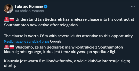 Ujawniono KLAUZULĘ ODSTĘPNEGO Jana Bednarka po spadku z Premier League!
