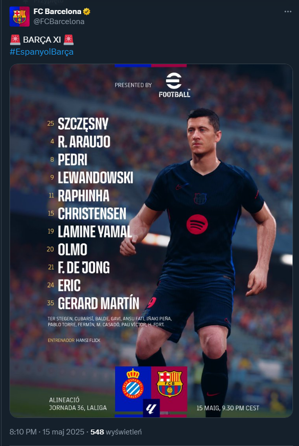 Flick zadecydował ws. Lewego i Szczęsnego! Oto skład Barcelony na Espanyol!
