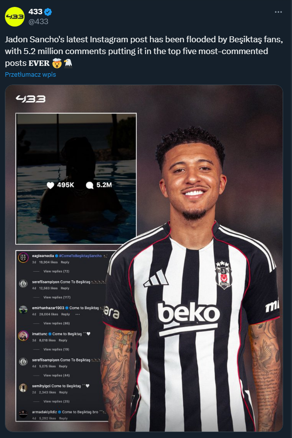 ABSURDALNA LICZBA komentarzy pod ostatnim zdjęciem Jadona Sancho!