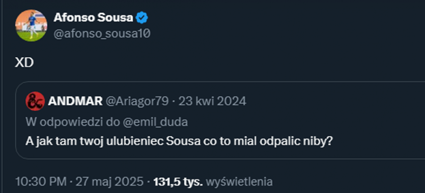 Afonso Sousa po roku odpowiedział na Tweeta kibica... xD