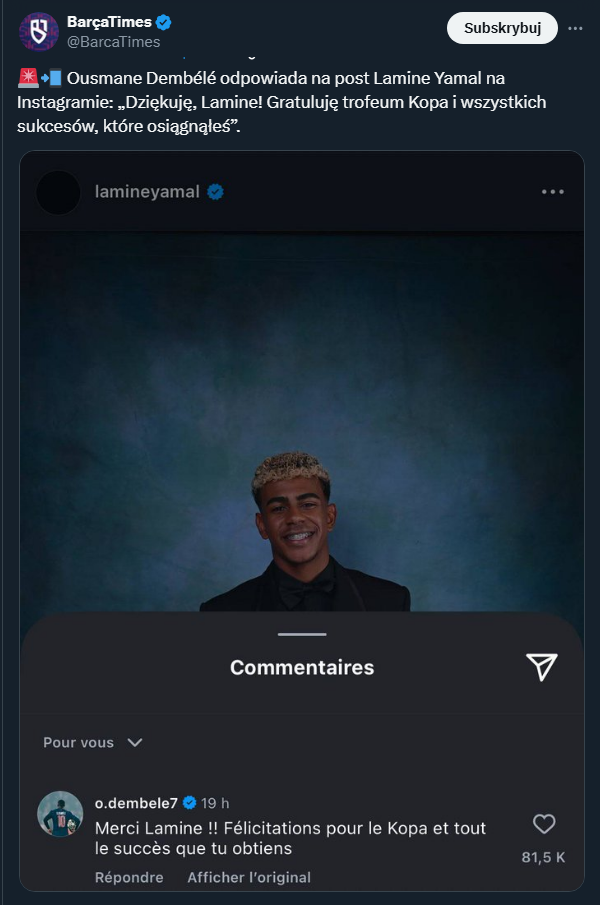 KOMENTARZ Dembele pod postem Lamine Yamala