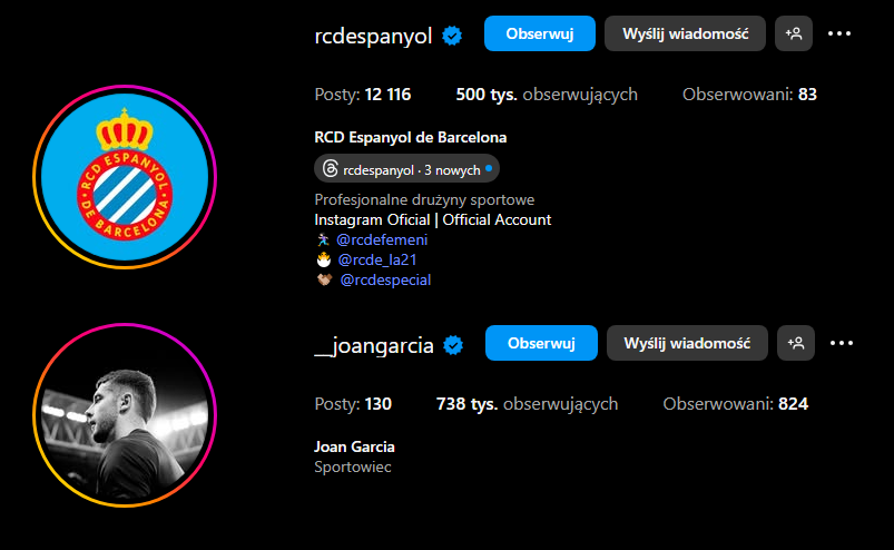 LICZBA FOLLOWÓW Espanyolu i Joana Garcii po transferze do Barcy... :D