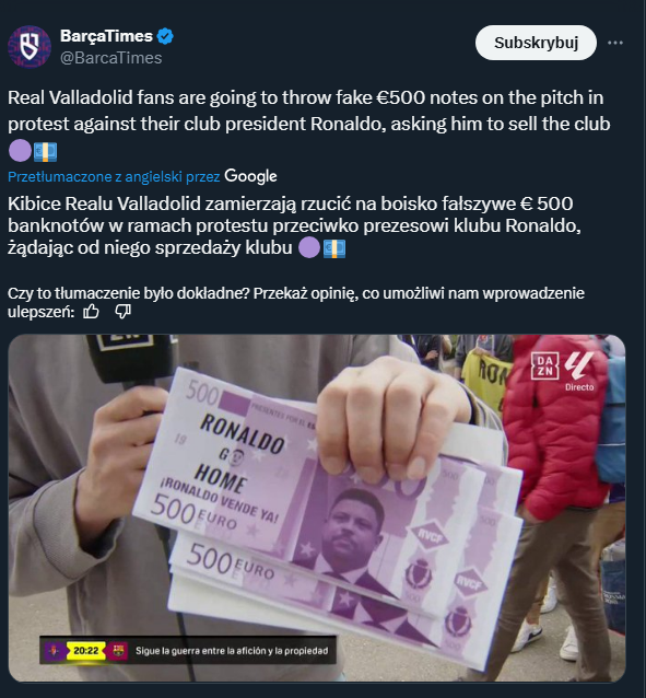 Takie ''banknoty'' kibice Valladolid wrzucali na boisko podczas meczu z Barceloną!