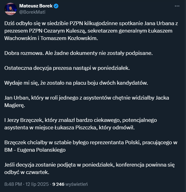 ZASKAKUJĄCY wpis Mateusza Borka nt. Selekcjonera! W GRZE DRUGI TRENER!