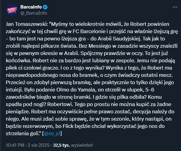 ABSURDALNE słowa Jana Tomaszewskiego nt. Lewandowskiego w Barcelonie...