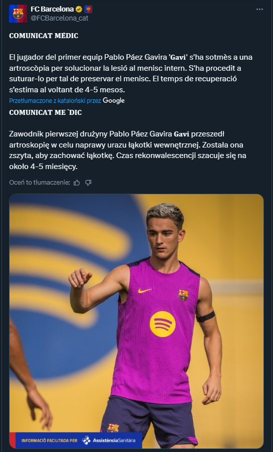 Piłkarz Barcelony wypada z gry na 5 miesięcy!