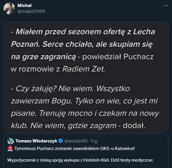 Tak miesiąc temu Tymoteusz Puchacz mówił o transferze do Ekstraklasy... :D
