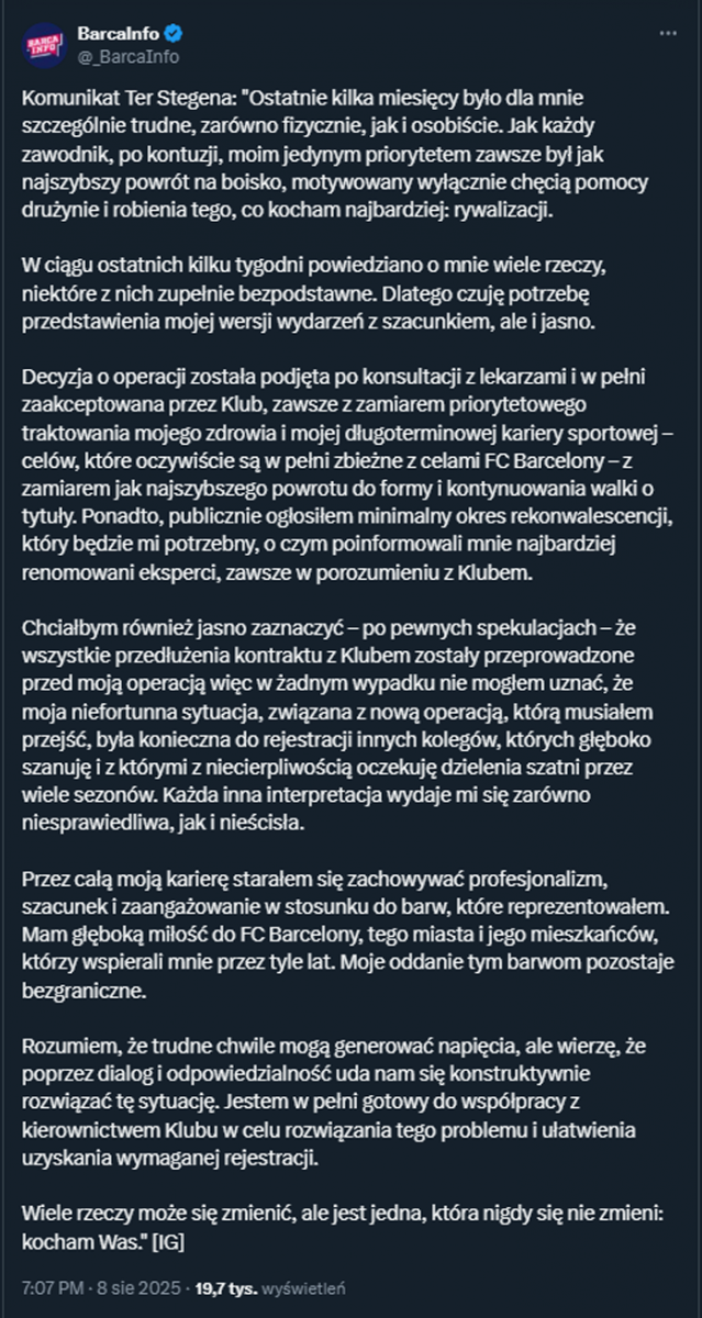 Oficjalny KOMUNIKAT Ter Stegena!