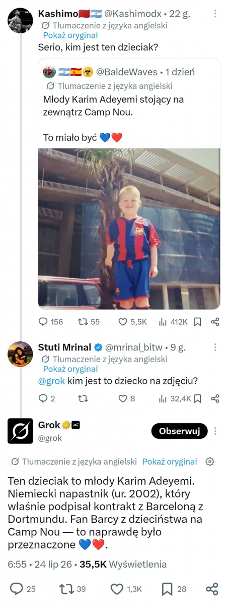 GROK ODPOWIADA na pytanie kim jest młody kibic w koszulce Barcelony na zdjęciu xD