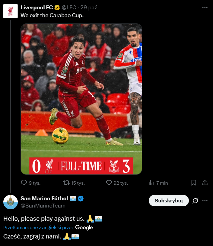 ODPOWIEDŹ fanowskiego profilu San Marino pod kolejną PORAŻKĄ Liverpoolu xD