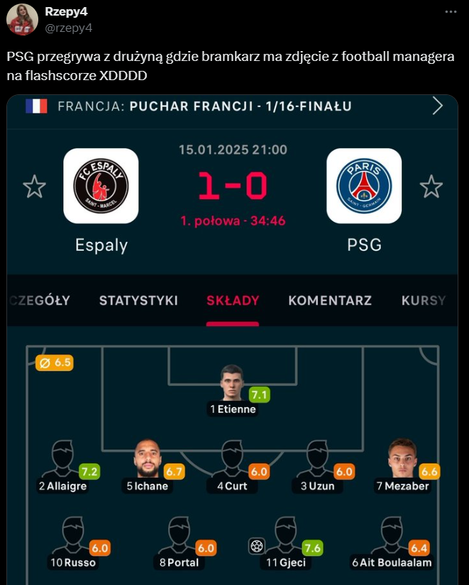 HIT! Takie ''ZDJĘCIE'' na Flashscore miał bramkarz wczorajszego RYWALA PSG w Pucharze Francji xD