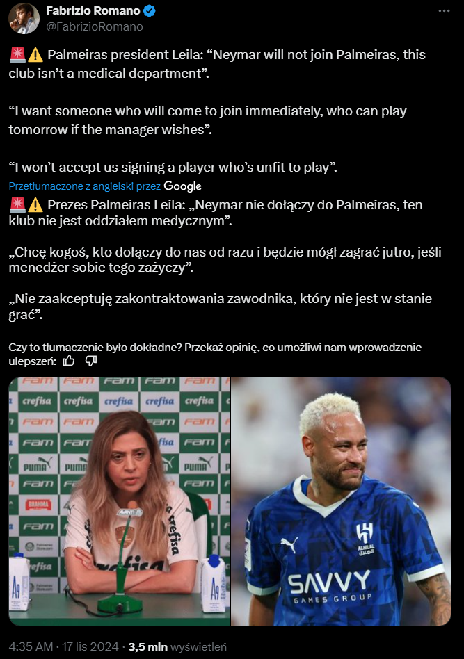 Tak Pani prezydent Palmeiras ZMASAKROWAŁA pomysł transferu Neymara xD