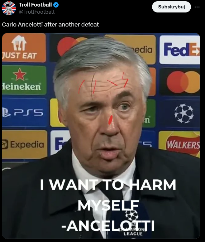 Konto TROLL FOOTBALL tak NAŚMIEWA SIĘ z Carlo Ancelottiego