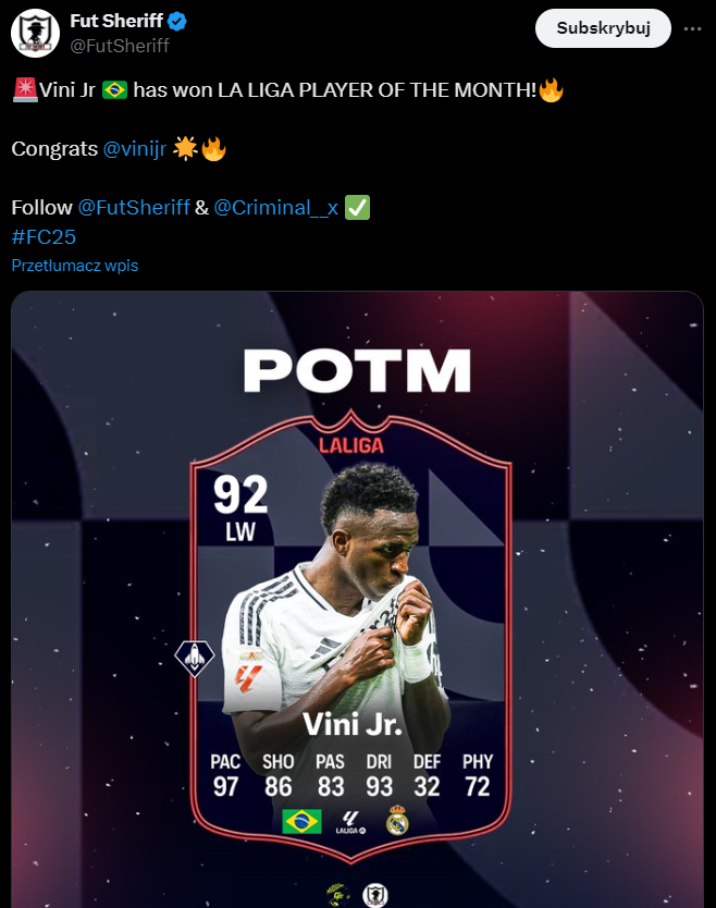 Tak ma wyglądać KARTA POTM Viniciusa w grze EA Sports FC 25! O.o