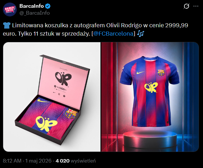 HIT! Tyle kosztuje LIMITOWANA KOSZULKA Barcelony z autografem Olivii Rodrigo xD
