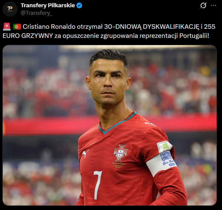 HIT! Oto GRZYWNA dla Cristiano Ronaldo za opuszczenie zgrupowania kadry xD