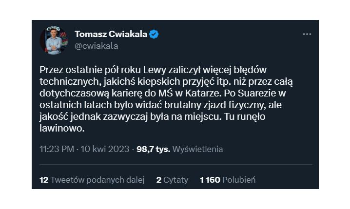 Tomasz Ćwiąkała podsumował formę Lewandowskiego...