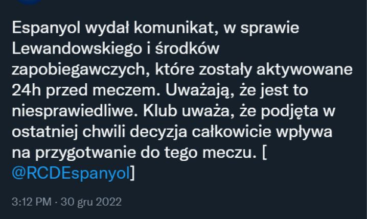 KOMUNIKAT Espanyolu nt. występu Lewandowskiego...