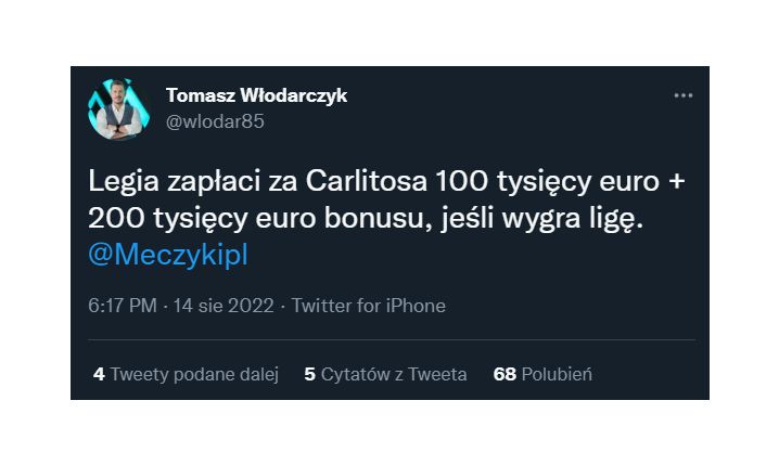 TYLE Legia Warszawa zapłaci za Carlitosa!