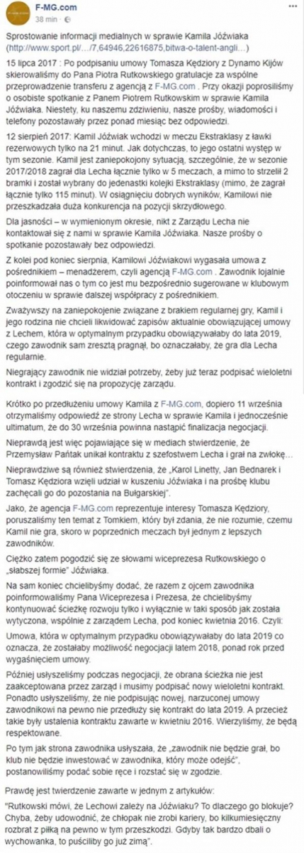 Agencja Kamila Jóźwiaka uderza w Lecha