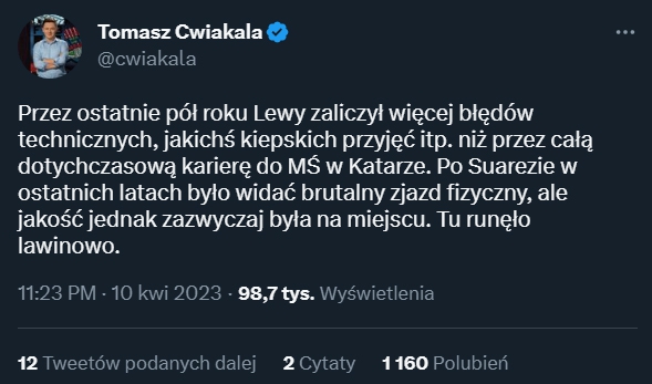 Tomasz Ćwiąkała podsumował formę Lewandowskiego...