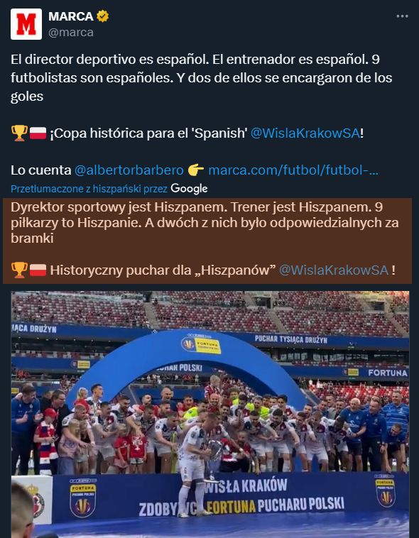 W taki sposób ''MARCA'' opisała zwycięstwo Wisły Kraków w Pucharze Polski...