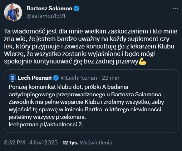 WIADOMOŚĆ Bartosza Salamona po złapaniu na dopingu!