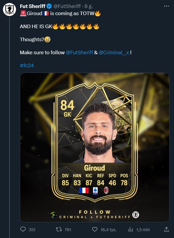 Tak może wyglądać nowa karta Giroud w grze FC 24! :D