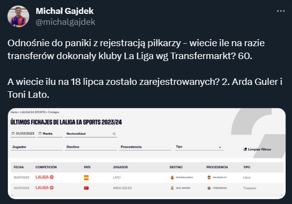 HIT! Liczba nowych zarejestrowanych transferów w LaLiga...